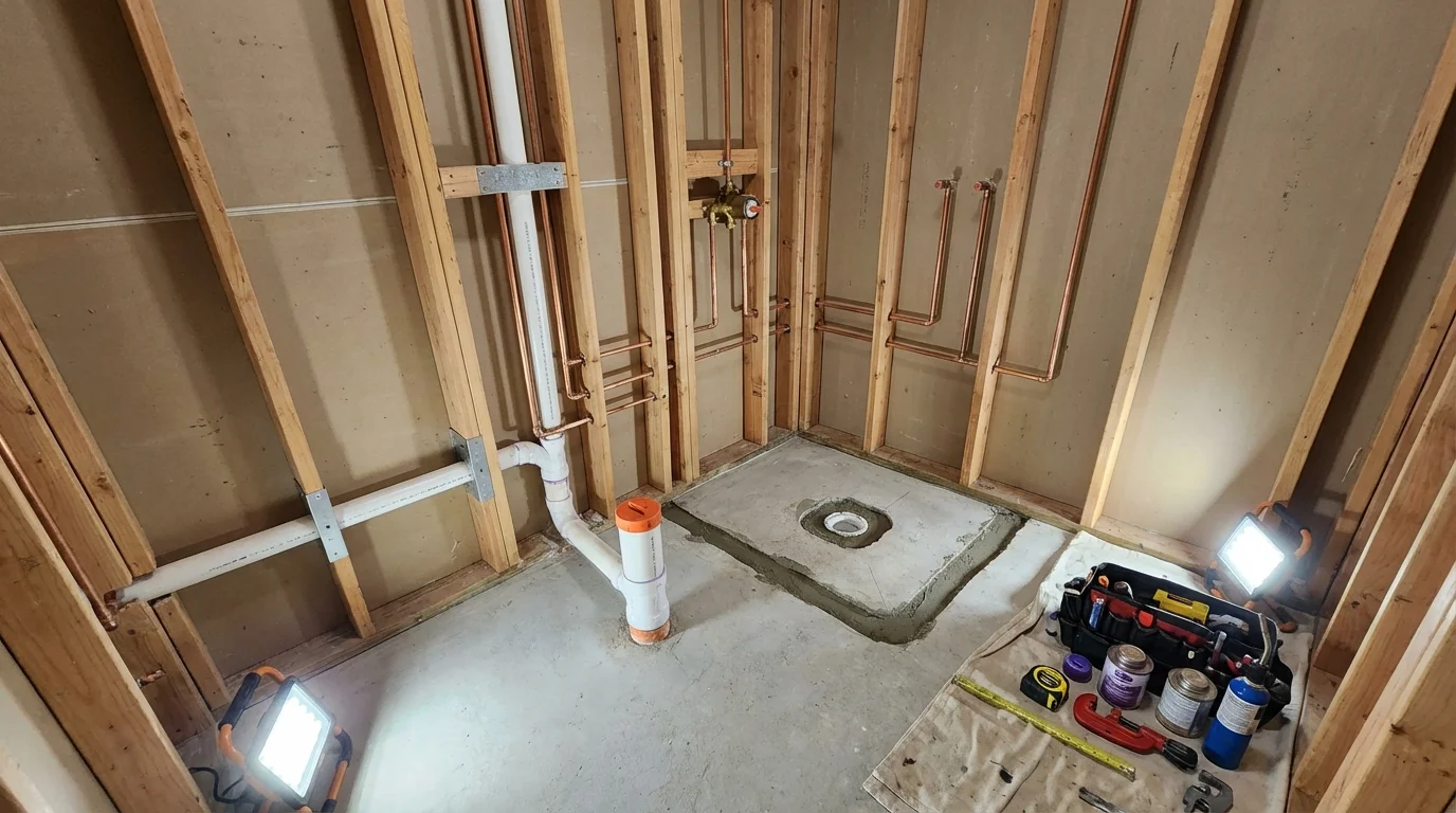 Bathroom rough-in plumbing during remodel by Johns Plumbing LLC in Starkville