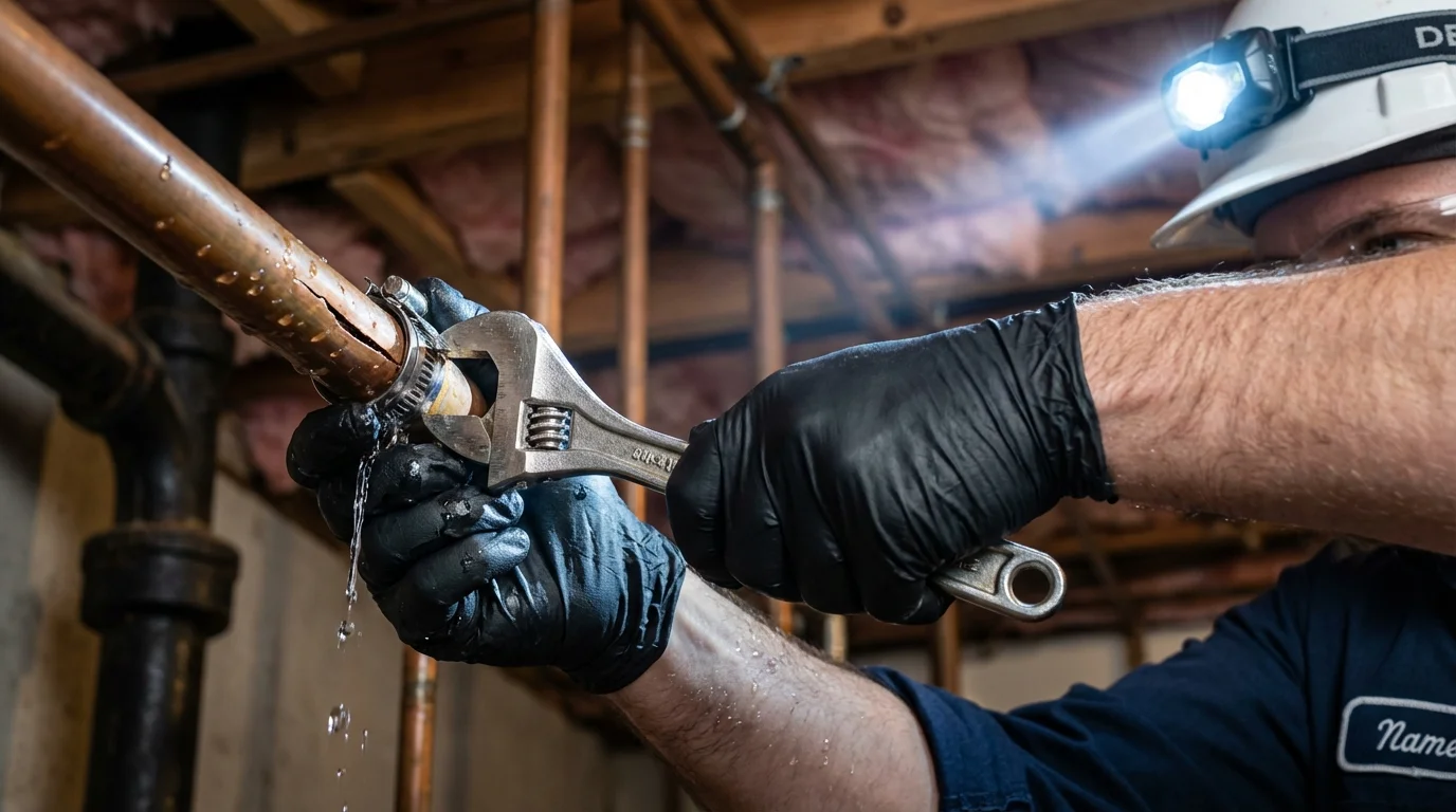 Emergency pipe clamp repair being performed by a Johns Plumbing LLC plumber in Starkville