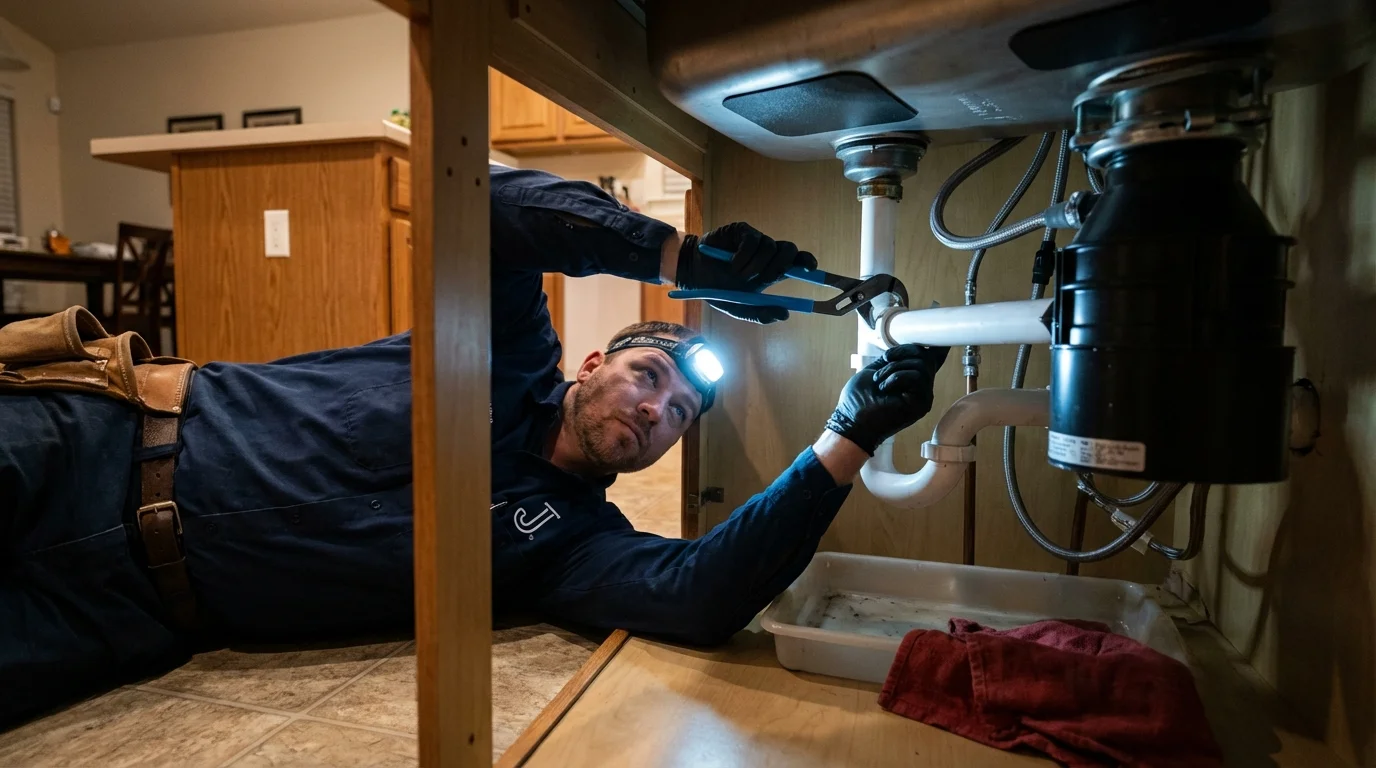 P-trap and supply line connections under a kitchen sink showing a common leak point in Starkville, MS